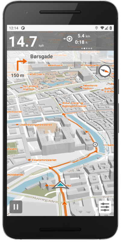 Naviki with spoken instructions and navigation arrows in map mode